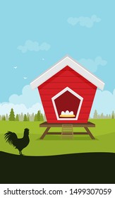 Cartoon vector icon of bright red chicken coop, fresh eggs in the nest. 
