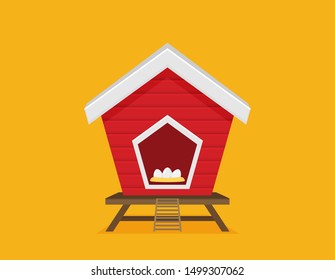 Cartoon Vector Icon Of Bright Red Chicken Coop, Fresh Eggs In The Nest. 