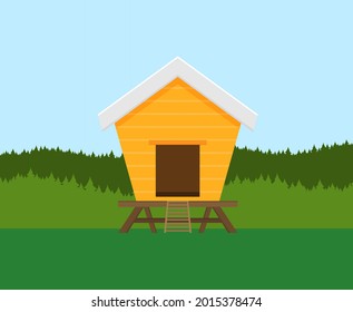 Cartoon Vector Icon Of Bright Red Chicken Coop, Fresh Eggs In The Nest. 