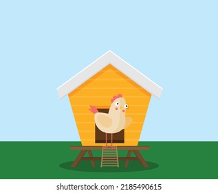 Cartoon Vector Icon Of Bright Red Chicken Coop, Fresh Eggs In The Nest. 