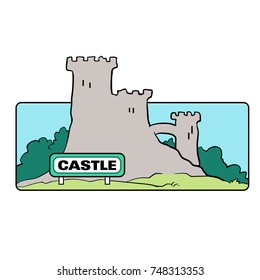 Cartoon vector icon of a castle building. Text on separate layer
