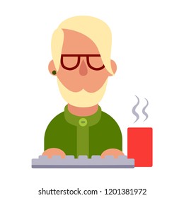 Cartoon vector icon of computer geek. Vector flat icon of computer geek. Software Engineer, Front-End Developer, Support Team Members, Database Administrators, Graphic Designers, QA Specialists, iOS D