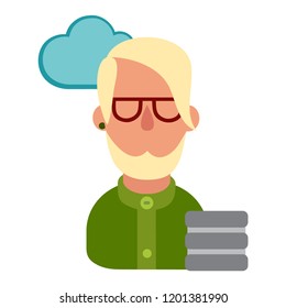Cartoon vector icon of computer geek. Vector flat icon of computer geek. Software Engineer, Front-End Developer, Support Team Members, Database Administrators, Graphic Designers, QA Specialists, iOS D