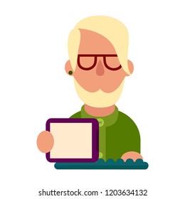 Cartoon vector icon of computer geek. Vector flat icon of computer geek. Software Engineer, Front-End Developer, Support Team Members, Database Administrators, Graphic Designers, QA Specialists, iOS
