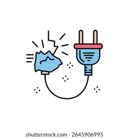 Ícone de vetor de desenho animado representando uma tomada elétrica azul-claro com uma fenda e faíscas, conectada por um fio preto a um plugue elétrico azul-claro e vermelho, simbolizando um curto-circuito ou problema de energia.