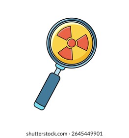 A cartoon vector icon depicting a magnifying glass with a yellow lens showing a red radiation warning symbol, implying examination of radioactive elements.