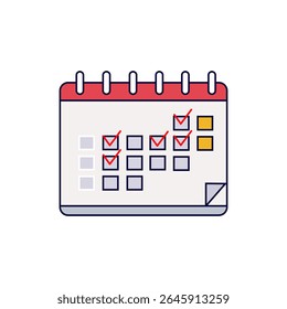A cartoon vector icon of a desk calendar with several days marked by red checkmarks and some yellow highlighted boxes, indicating completed tasks or scheduled events.