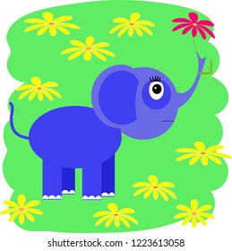 Cartoon vector icon elephant in a flat style on a green meadow with daisies