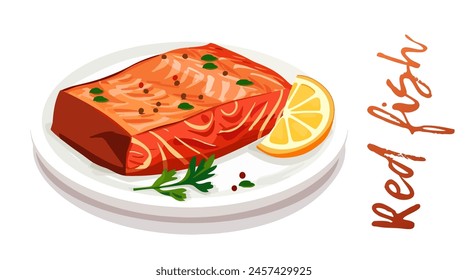 Cartoon Vector Icon of a Fresh Salmon Fillet Isolated on White background. Delightful illustration of a single, fresh red fish fillet. Perfect for menus, seafood restaurant websites