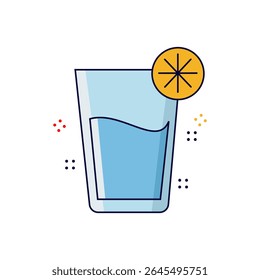 A cartoon vector icon of a glass filled with a blue liquid, garnished with a yellow citrus slice, perfect for symbolizing refreshing beverages.