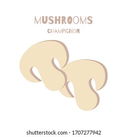 Cartoon vector icon illustration of sliced mushroom champignon. Fresh cartoon organic mushroom isolated on white background used for magazine, book, poster, card, menu cover, web pages.