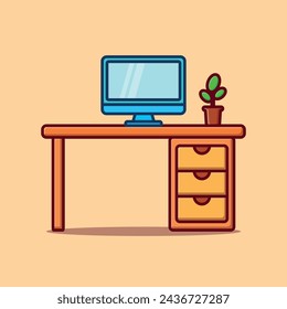 A Cartoon Vector Icon Illustration of a Studying Desk with computer, Signifying school Tools Object