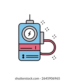 Icono de Vector de dibujos animados de un banco de energía portátil o cargador azul claro con un símbolo de relámpago y un cable rojo conectado a su lado, que indica la fuente de alimentación.