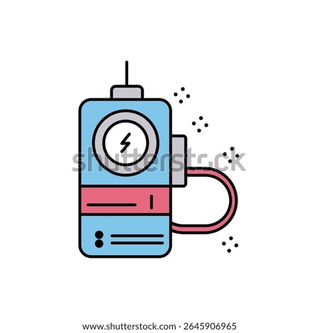 A cartoon vector icon of a light blue portable power bank or charger with a lightning bolt symbol, and a red cable connected to its side, indicating power supply.