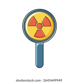 A cartoon vector icon of a magnifying glass with a yellow lens displaying a red radiation symbol, signifying radiation detection or monitoring.