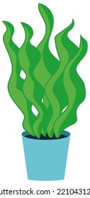 Cartoon vector icon of a plant growing in a flowerpot. Green leaves in a blue pot. Simple clipart isolated on transparent background