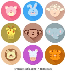 Cartoon vector icons of animals flat .