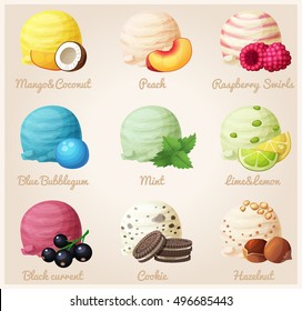 Iconos vectoriales de dibujos animados. Cazas de helado con diferentes sabores de fruta y bayas. Helado de coco, Peach, Raspberry, Blue Bubblegum, Mint, Lime y Lemon, Curant Negro, Cookies, Hazelnut. Parte 5