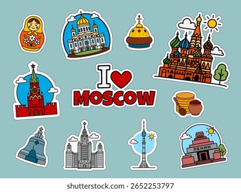 Cartoon vector icons of Moscow: Kremlin and St Basils, matryoshka and cathedral, food, tower, crown