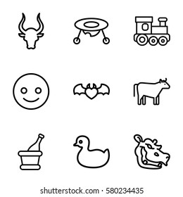 cartoon vector icons. Set of 9 cartoon outline icons such as bull, hippopotamus, cow, duck, baby toy, train toy, devil heart with wings, champagne