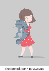 Cartoon vector illlustration of a cute girl holding a grumpy cat. Baby greeting card or print design