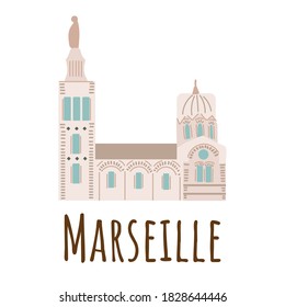 Cartoon vector illstration of The Cathedral of Sainte-Marie-majeure in Marseille isolated on white background.