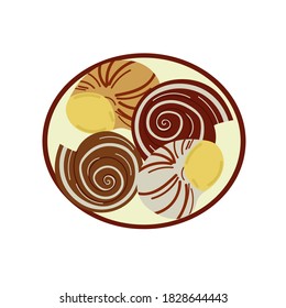 Cartoon vector illstration of a dish with snails escargot isolated on white background. Brown snails with white stripes.