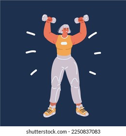 Cartoon vector illuatration of Athletic woman doing exercise for arms with dumbbells. Strength and motivation over dark background