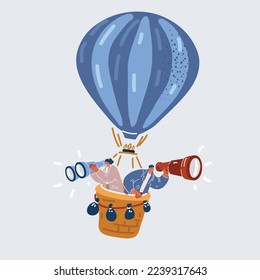 Cartoon vector illuatration of balloon and business people to search in air. Team fly with ballon use tellescope to searching