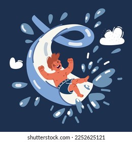 Ilustración vectorial de dibujos animados de Boy saltar a la piscina después de deslizarse por el agua durante el verano sobre fondo oscuro