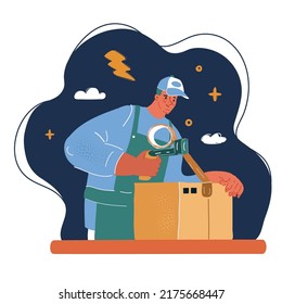 Cartoon vector illuatration of Delivery man. Smiling man is packiging big parcel over dark background