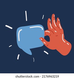 Cartoon vector illuatration of Hand holding a blank speech bubble over dark background