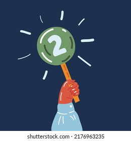 Cartoon vector illuatration of Hand holding nameplate with amount of scores. Card with number, point two. Judges assessments over dark background