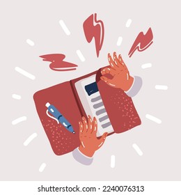 Cartoon vector illuatration of hand with pen over paper making notes