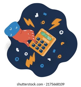 Cartoon vector illuatration of hand put button on calculator over dark background