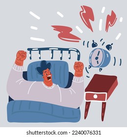 Cartoon vector illuatration of Hand turns off the alarm clock waking up at morning.