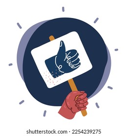 Ilustración vectorial de dibujos animados de manos sosteniendo tablas con el pulgar hacia arriba y abajo. Frecuencia en medios sociales, como o no me gusta la señal, bueno o malo, bueno o malo, bueno o malo, sí o no sobre fondo oscuro