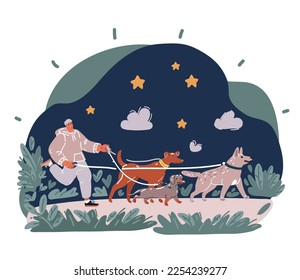 Cartoon vector illuatration of happy dog and man walking in the park over dark