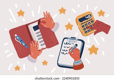 Cartoon vector illuatration of Human hands working with documents at the desk closeup. clipboard with hand calculating on calculator, managing budget, hand open folder, pen.