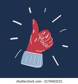 Cartoon vector illuatration of male hand showing thumbs up sign over dark background