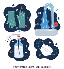 Cartoon vector illuatration of Mask, Gloves,Rubber gloves, medical mask, bottle of antiseptic spray. Wateting tap for washing hands with soap over dark background