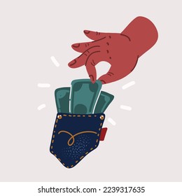 Cartoon vector illuatration of Pick pocketing. hand stealing money from victim's pocket, financial crime