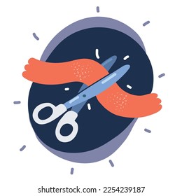 Cartoon vector illuatration of scissors cutting red silk ribbon against over dark backgroun