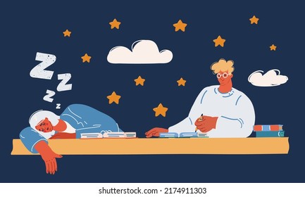 Cartoon vector illuatration of Student sleeping on her desk in a classroom over dark background