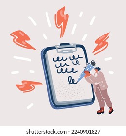Cartoon vector illuatration of woman writing on big giant clipboard