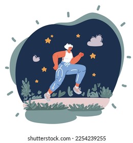 Cartoon vector illuatration of Young lady running in the park over dark backgroun