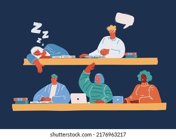 Cartoon Vector Illuatration Of Young People Taking Test In Job Assessment Center Over Dark Background