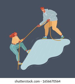 Cartoon vector illustraion of couple to help each other. Woman try to get top of hill and man help her. People on dark background.