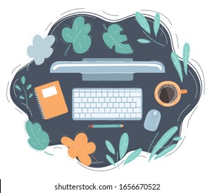 Cartoon vector illustraion of work place. Top view. Display, keyboard, mouse, cup of coffee, notepad.