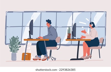 Cartoon vector illustraiton of Business office connection working concept. People character